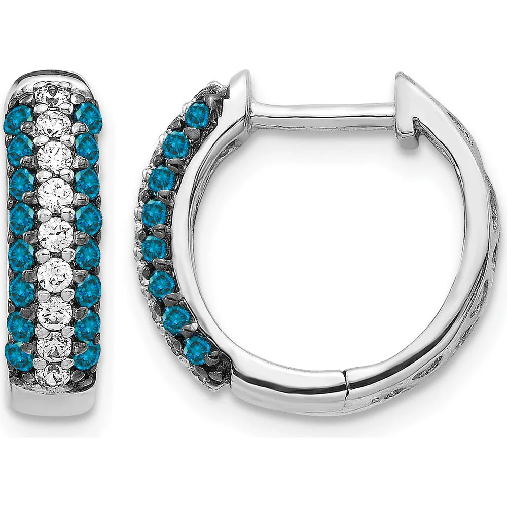 14K White Gold Hinged Hoop Earrings with White and Blue Diamonds - 0.032 Carat Total Diamond Weight by Monteluci Fine Jewelry