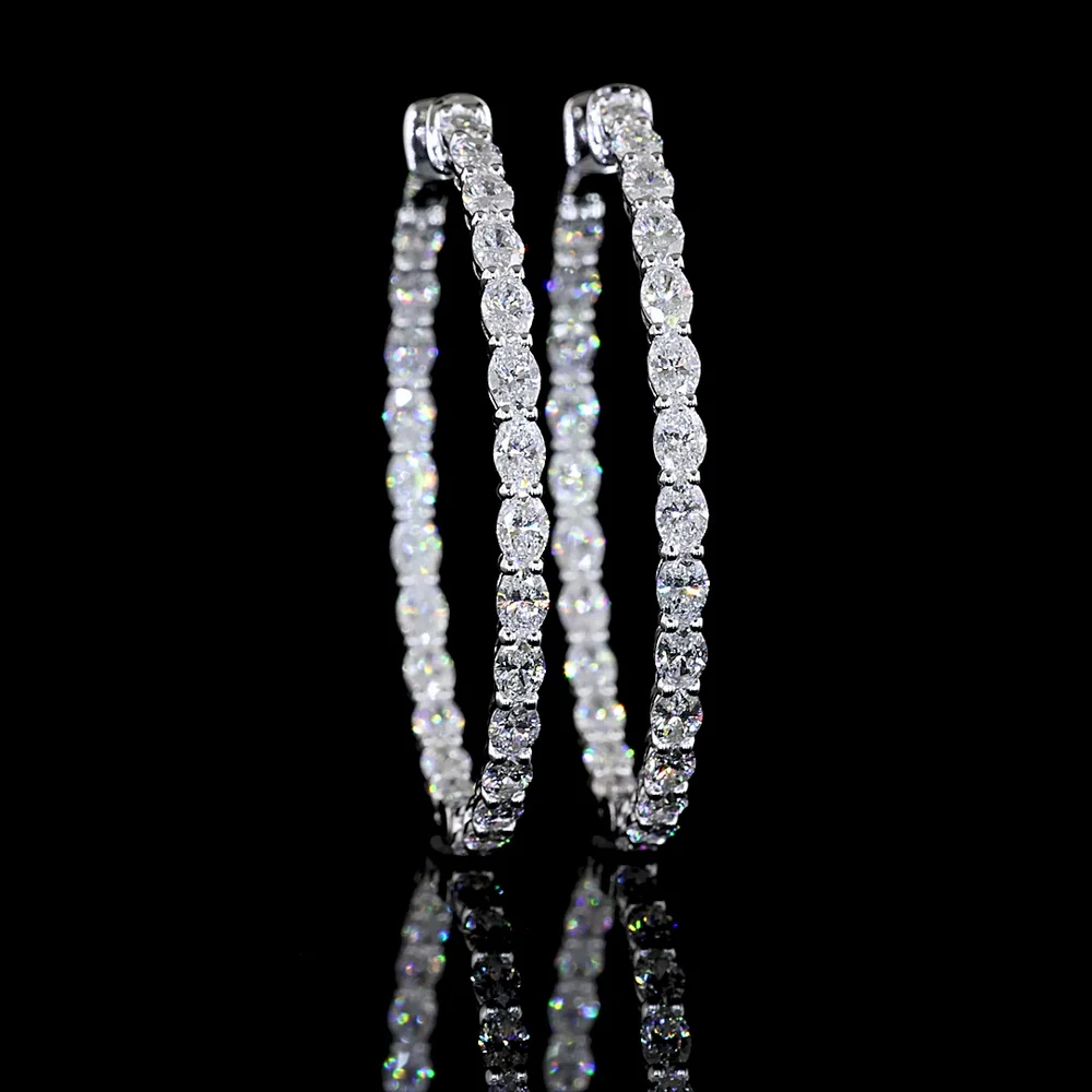 14K White Gold Hoop Earrings with East-West Set Oval Lab Diamonds - 2.82 Carat Total Weight (1.41 Carat Each Earring), E-F VS Clarity, 52 Stones - Covaloro Fine Jewelry