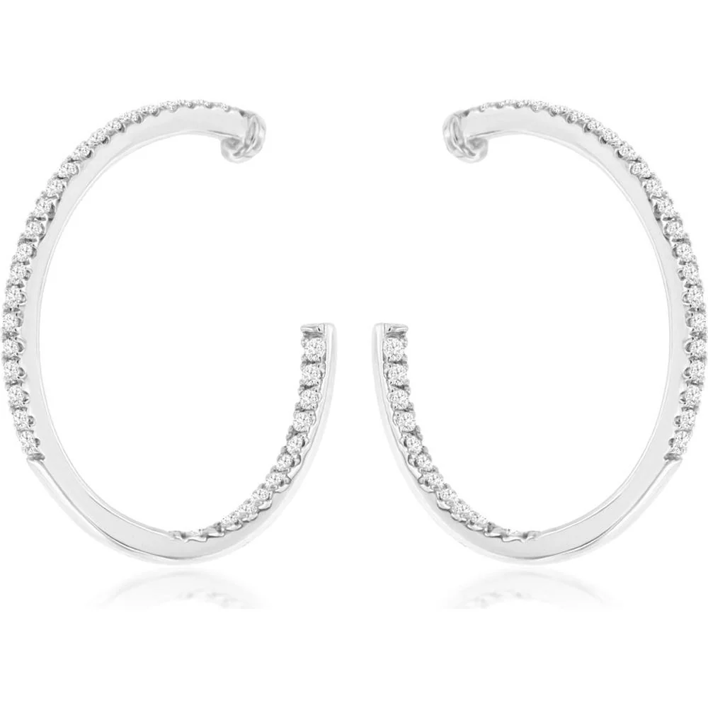 14K White Gold Hoop Earrings with Pave Set Round Diamonds - 0.20 Carats Total Diamond Weight - Royal Jewelry
