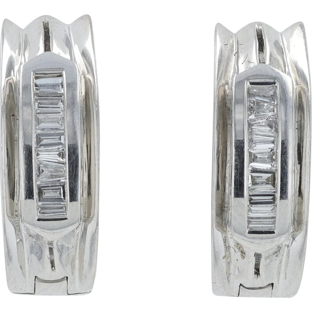 14K White Gold Huggie Earrings with 0.40 Carat Total Weight Baguette Diamonds - Image 2