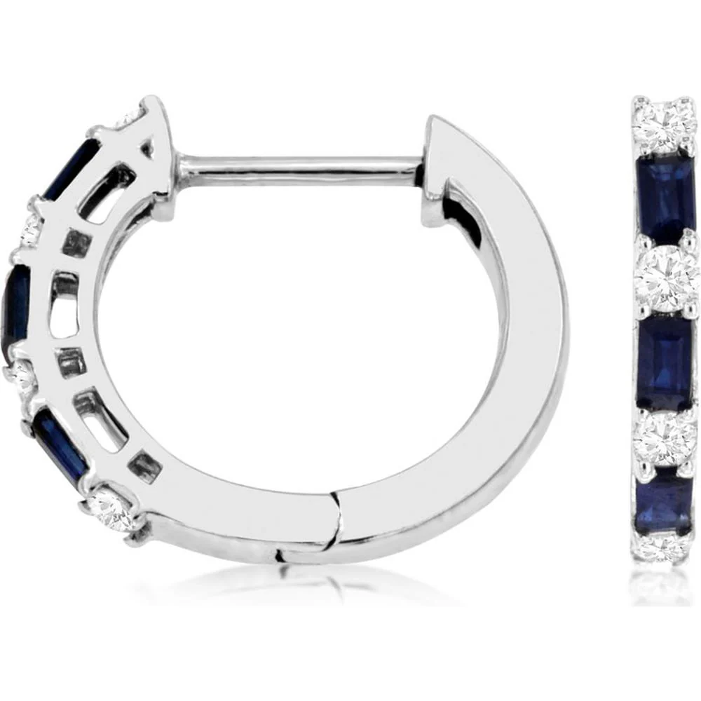14K White Gold Huggie Earrings with Alternating Baguette Sapphires and Round Diamonds - 0.37 Carat Total Sapphire Weight, 0.20 Carat Total Diamond Weight - Royal Jewelry