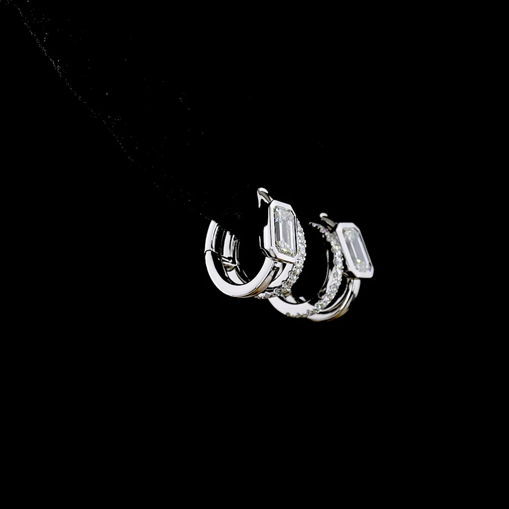 14K White Gold Huggie Earrings with Bezel Set Emerald Cut Lab Diamonds and Prong Set Brilliant Cut Diamond Accents - 1.30 Carat Total Diamond Weight - Covaloro Fine Jewelry - Image 3