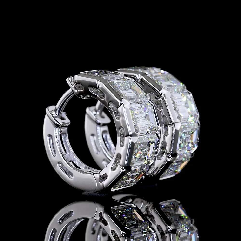 14K White Gold Huggie Earrings with Half Bezel Set Emerald Cut Lab Diamonds - 5.18 Total Carat Weight - Covaloro Fine Jewelry