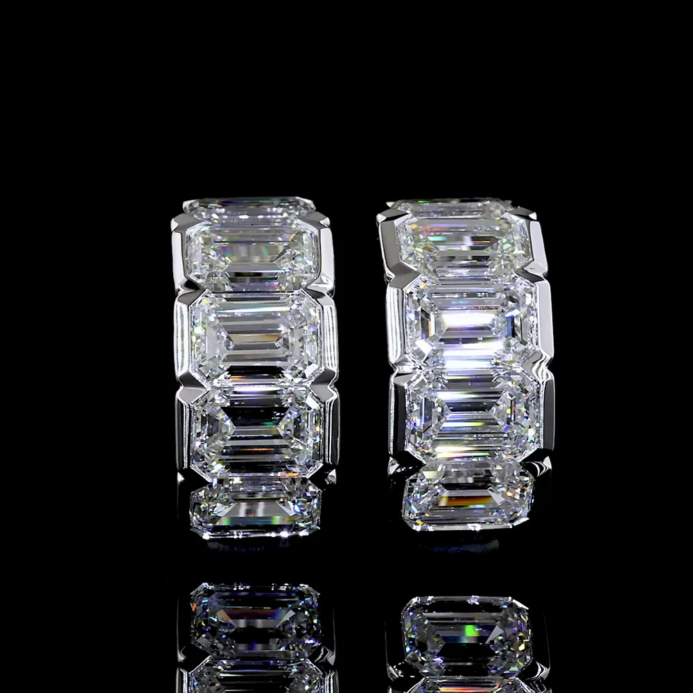 14K White Gold Huggie Earrings with Half Bezel Set Emerald Cut Lab Diamonds - 5.18 Total Carat Weight - Covaloro Fine Jewelry - Image 2