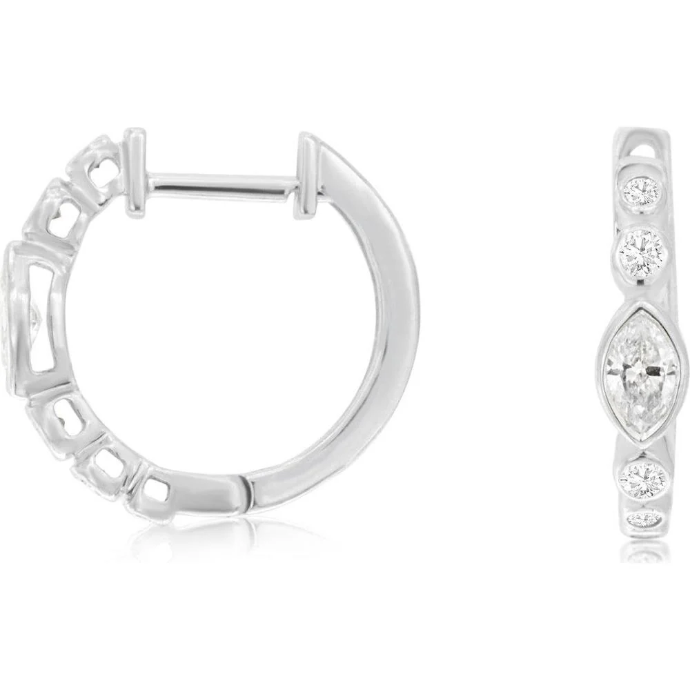 14K White Gold Huggie Earrings with Marquise and Round Diamonds - 0.47 Carat Total Diamond Weight - Royal Jewelry