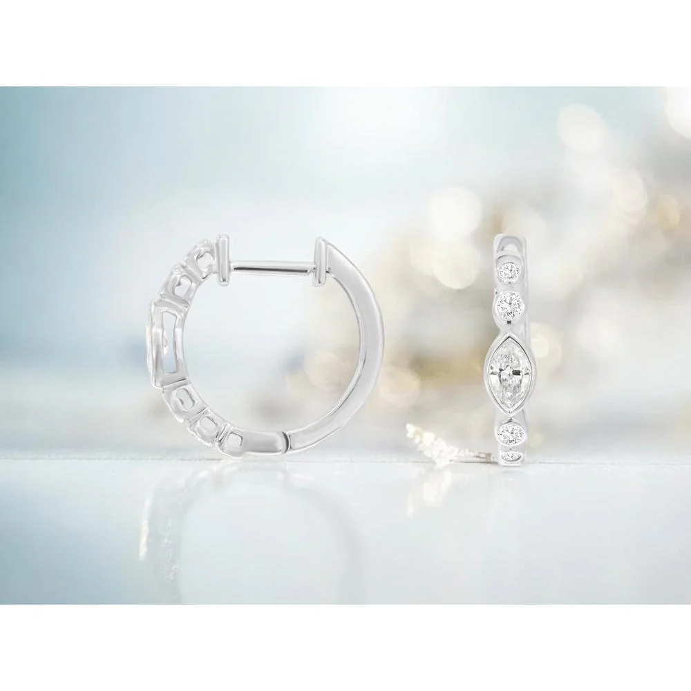 14K White Gold Huggie Earrings with Marquise and Round Diamonds - 0.47 Carat Total Diamond Weight - Royal Jewelry - Image 2