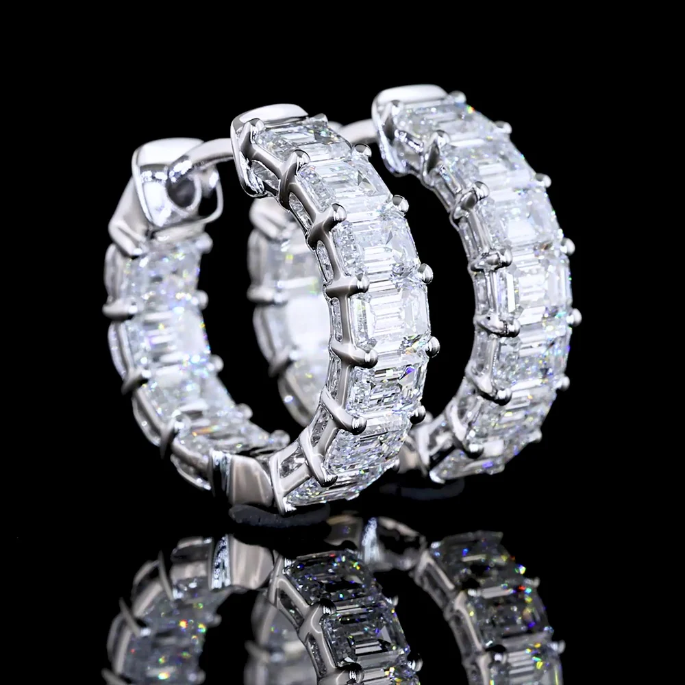 14K White Gold Huggie Earrings with Prong Set Emerald Cut Lab Diamonds - 2.54 Carat Total Weight - Covaloro Fine Jewelry