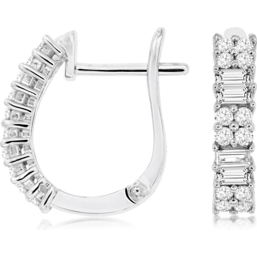 14K White Gold Huggie Earrings with Round and Baguette Diamonds - 0.59 Carat Total Diamond Weight - Royal Jewelry