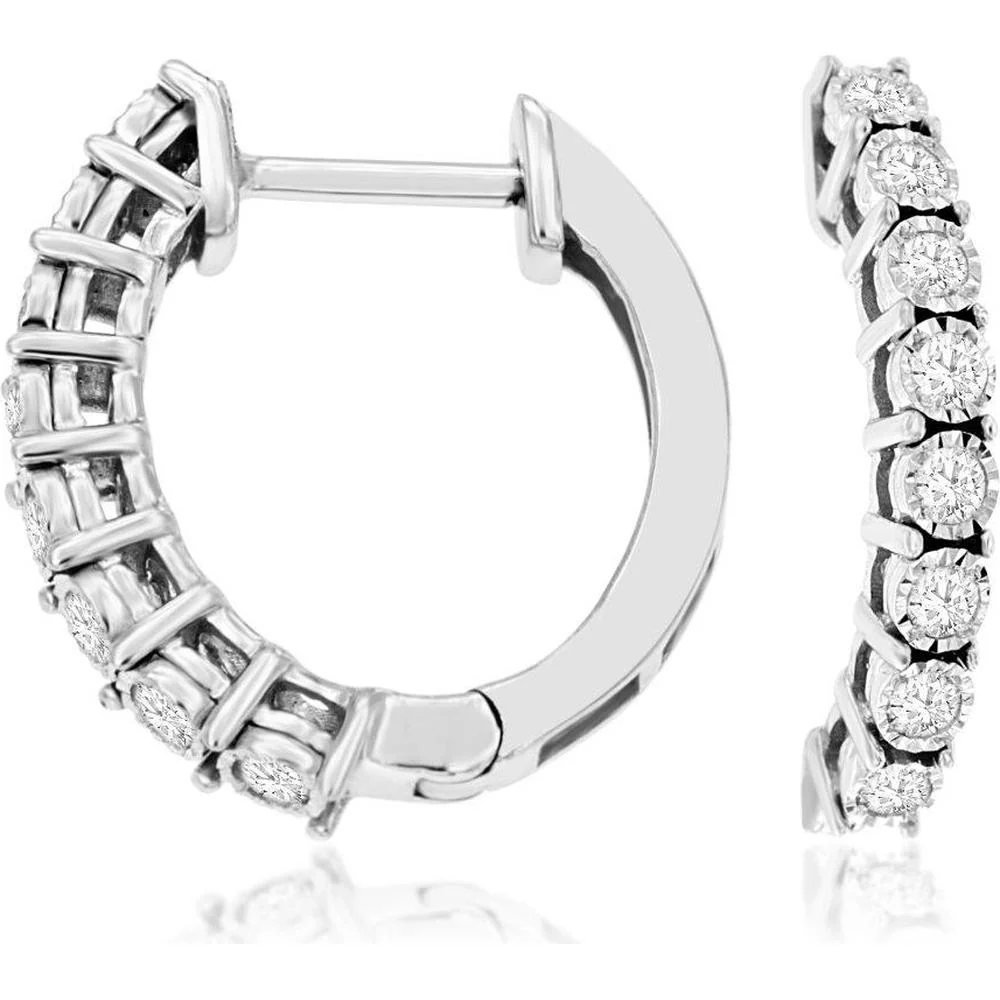 14K White Gold Huggie Earrings with Round Diamonds - 0.31 Carat Total Diamond Weight - Royal Jewelry