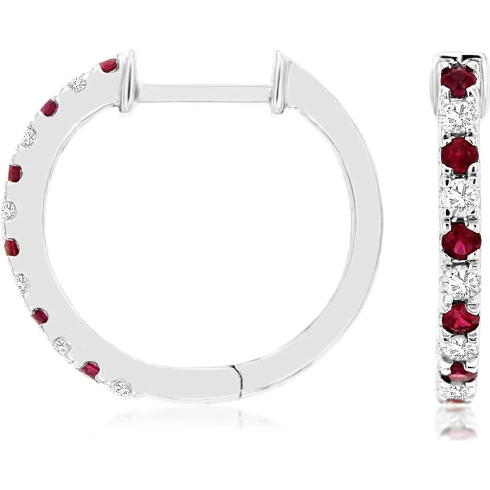 14K White Gold Huggie Hoop Earrings with Alternating Round Rubies and Diamonds - 0.15 Carat Ruby and 0.12 Carat Total Diamond Weight - Royal Jewelry