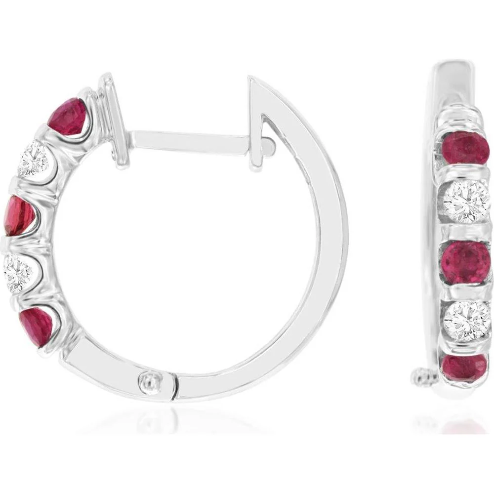 14K White Gold Huggie Hoop Earrings with Alternating Round Rubies and Diamonds - 0.40 Carat Ruby and 0.20 Carat Diamond Total Weight - Royal Jewelry