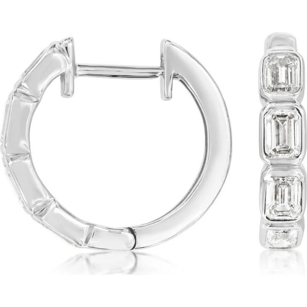 14K White Gold Huggie Hoop Earrings with Emerald Cut Diamonds - 0.85 Carat Total Diamond Weight - Royal Jewelry