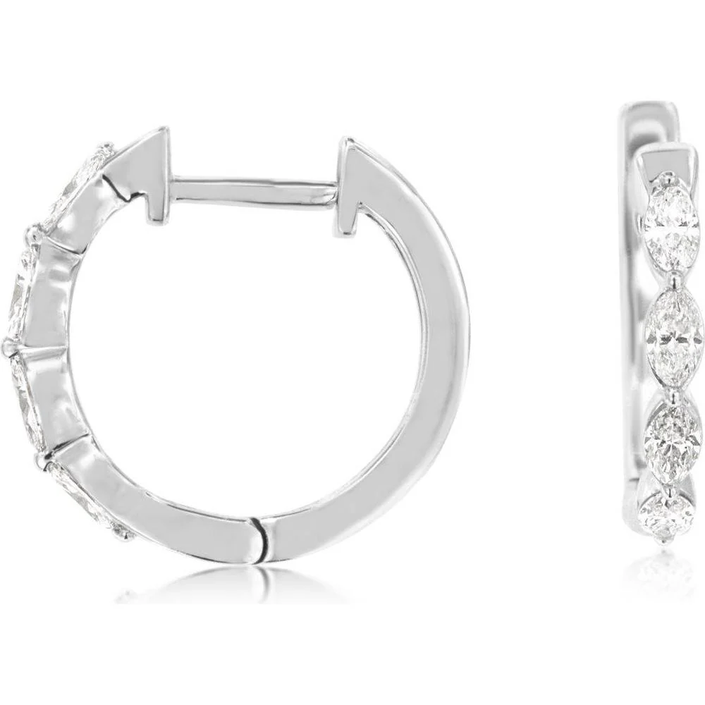 14K White Gold Huggie Hoop Earrings with Marquise Cut Diamonds - 0.45 Carat Total Diamond Weight - Royal Jewelry