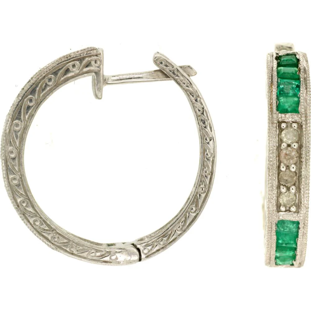 14K White Gold Huggie Hoop Earrings with Princess Cut Emeralds and Round Diamond Accents - 0.95 Carat Total Emerald Weight, 0.15 Carat Total Diamond Weight - Royal Jewelry