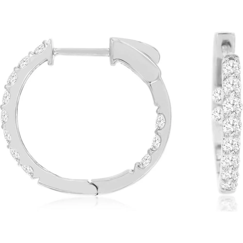 14K White Gold Huggie Hoop Earrings with Round Brilliant Cut Diamonds - 1.00 Carat Total Diamond Weight - Royal Jewelry