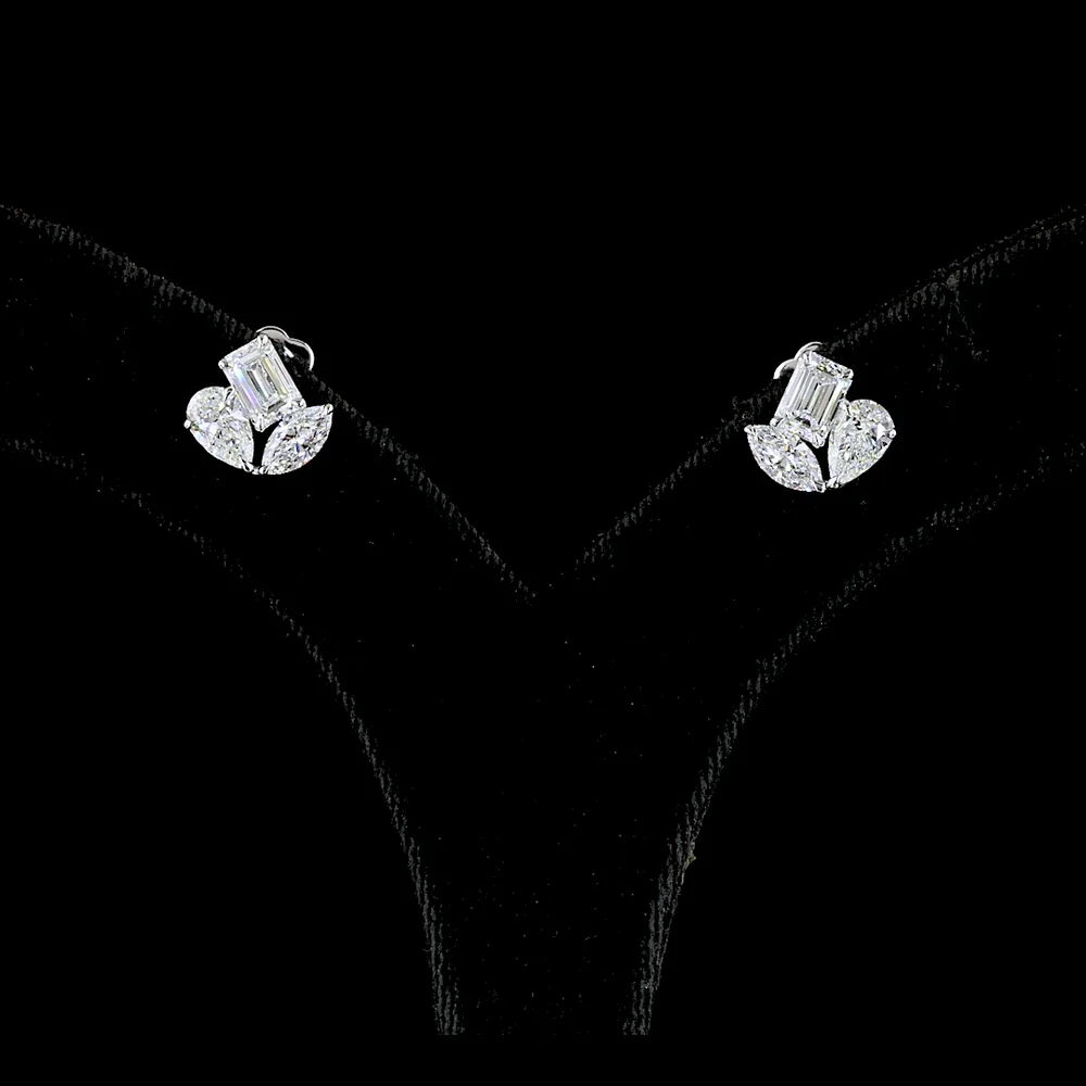 14K White Gold Inclined Mixed-Shape Stud Earrings with Emerald, Pear, and Marquise Lab Diamonds - 2.97 Carat Total Weight - Covaloro Fine Jewelry