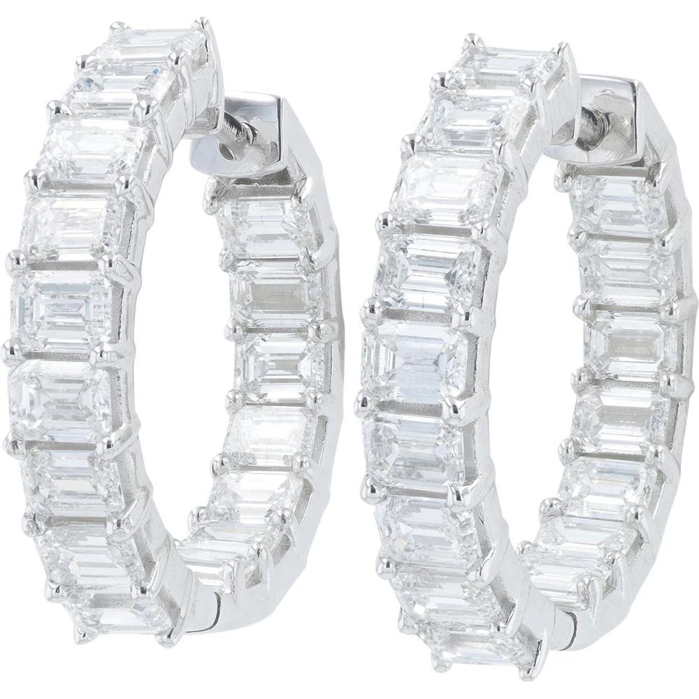 14K White Gold Inside - Out Hoop Earrings with 8.00 Carat Total Lab Grown Emerald Cut Diamonds