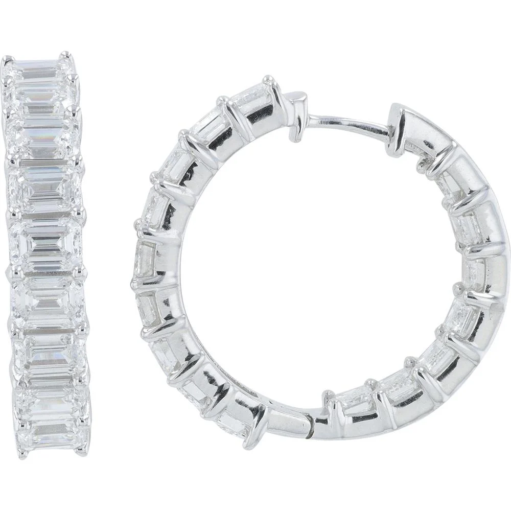 14K White Gold Inside - Out Hoop Earrings with 8.00 Carat Total Lab Grown Emerald Cut Diamonds - Image 2