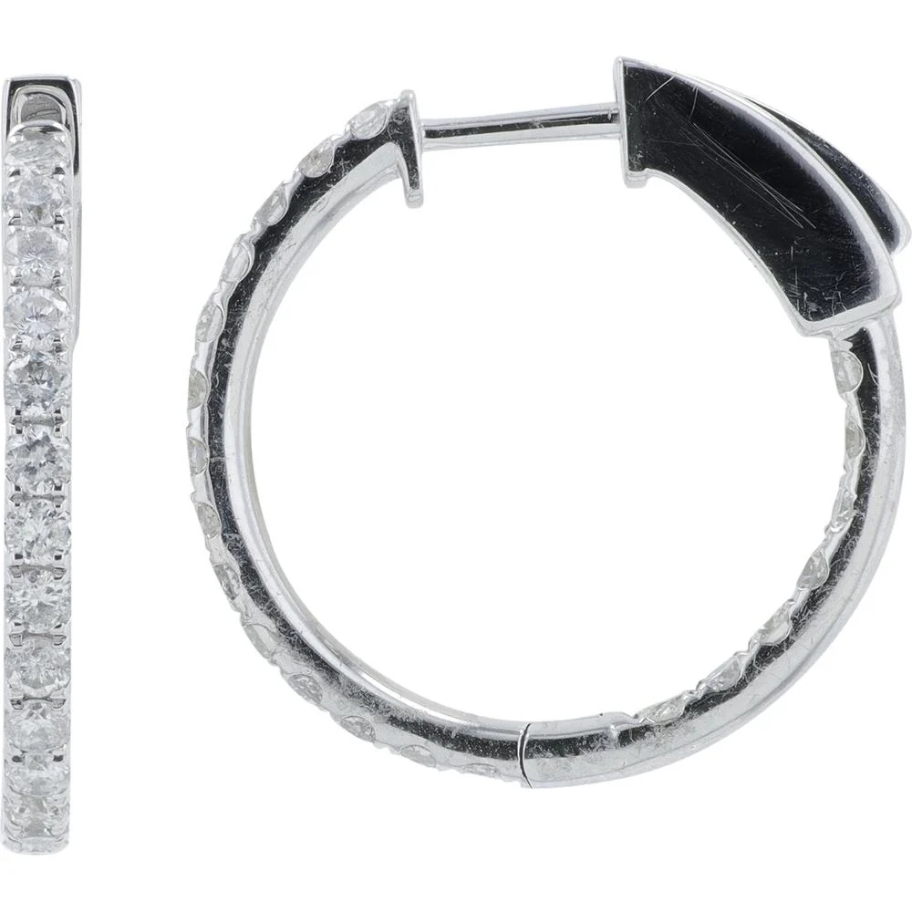 14K White Gold Inside - Out Medium Hoop Earrings with 1.00 Carat Total Prong Set Round Diamonds - Image 2