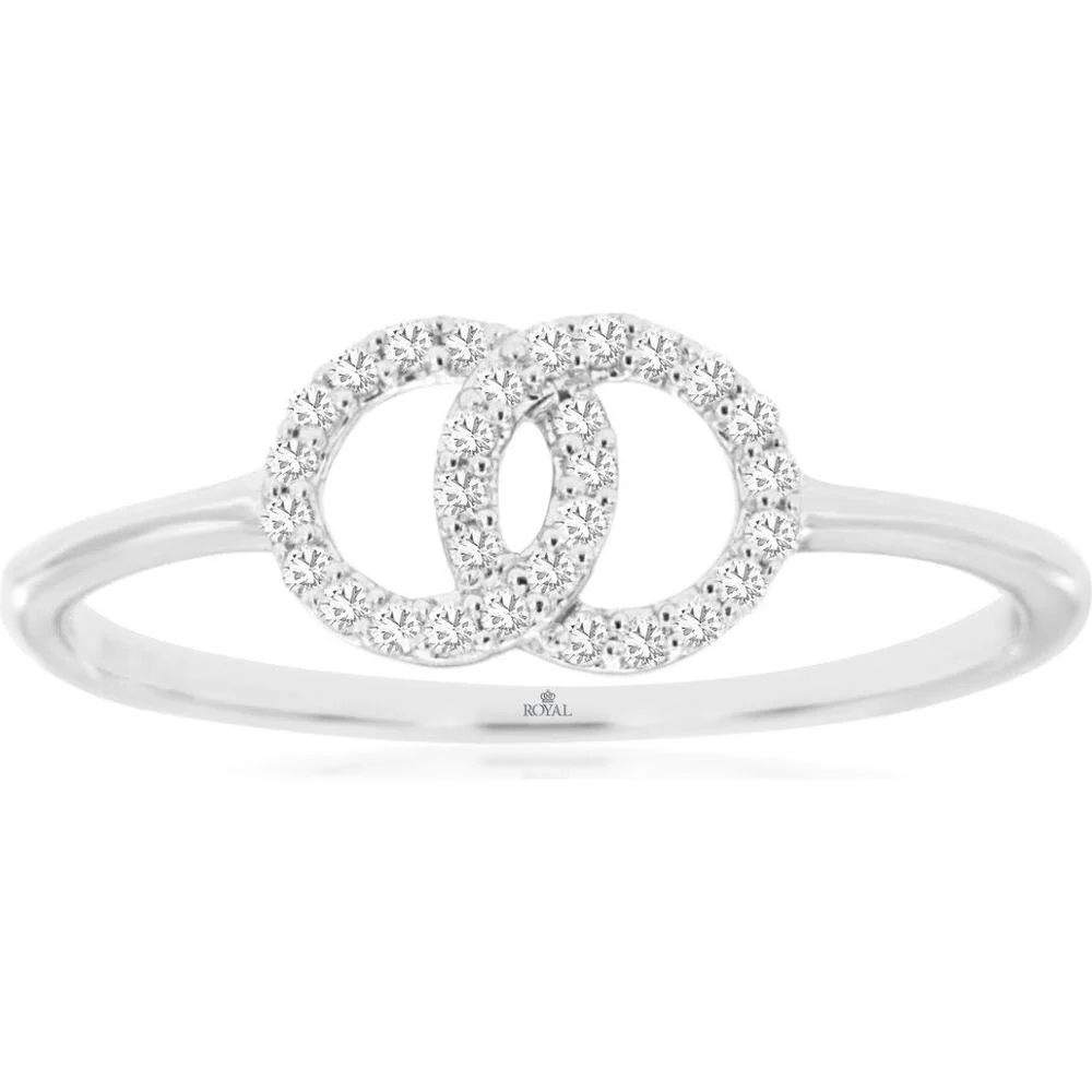 14K White Gold Interlocking Double Circle Diamond Ring with Round Brilliant Cut Diamonds - 0.12 Carat Total Diamond Weight - Royal Jewelry