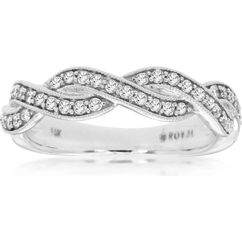 14K White Gold Intertwined Twist Band with Milgrain Detail and Round Diamonds - 0.33 Carat Total Diamond Weight - Royal Jewelry