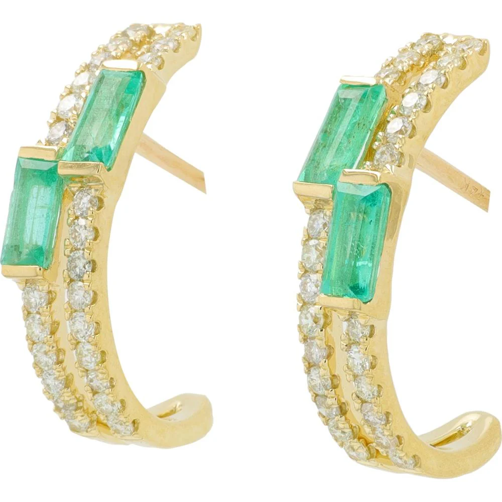 14K White Gold J - Hoop Earrings with Baguette Emeralds and Pavé Diamonds - 0.27 - 0.36 Carat Total Emerald Weight, 0.26 Carat Total Diamond Weight