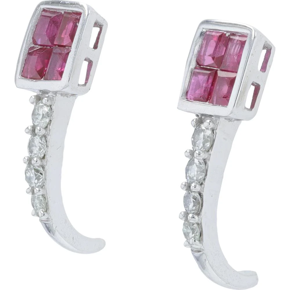 14K White Gold J - Hoop Earrings with Square - Cut Rubies and Diamond Accents - 0.36 Carat Total Ruby Weight / 0.26 Carat Total Diamond Weight