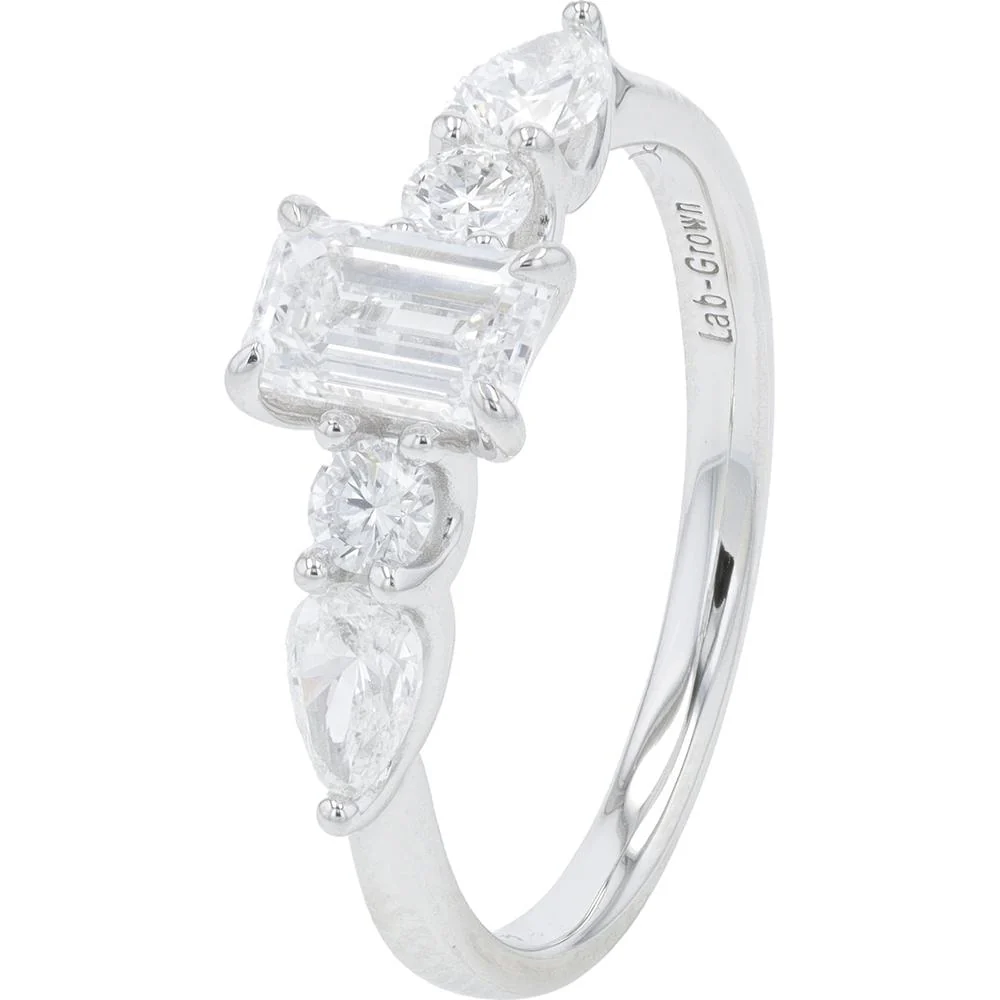 14K White Gold Lab Grown Diamond 3-Stone Engagement Ring with Emerald-Cut and Round Diamonds - 1.25 Carat Total Diamond Weight