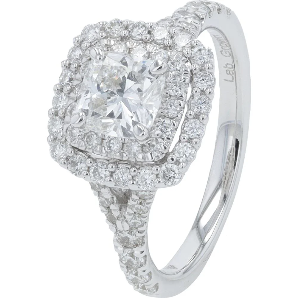 14K White Gold Lab Grown Diamond Engagement Ring with 0.75 Carat Center and 1.37 Carat Total Halo Accents