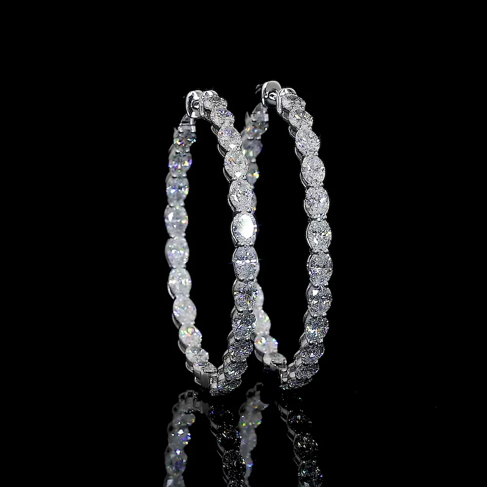 14K White Gold Large Diamond Hoop Earrings with East-West Oval Cut Lab Diamonds - 5.61 Carats Total Diamond Weight - Covaloro Fine Jewelry
