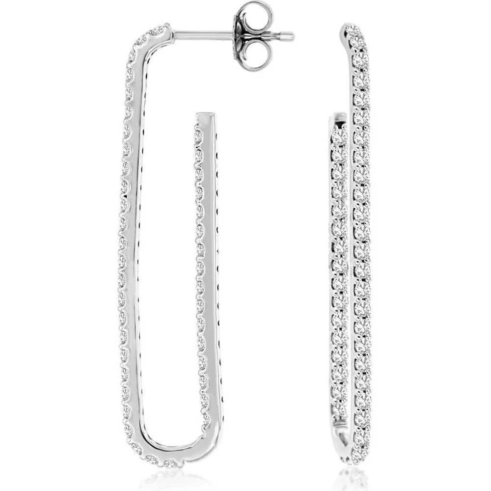 14K White Gold Large Hoop Diamond Earrings - 1.0 Carats Total Diamond Weight - Royal Jewelry