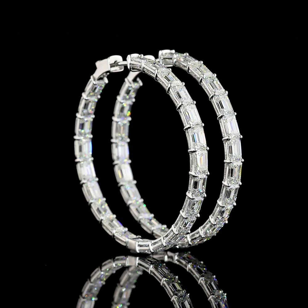 14K White Gold Large Hoop Earrings with East-West Emerald Cut Lab Diamonds - 12.79 Carat Total Weight, E-F Color VVS2 Clarity - Covaloro Fine Jewelry
