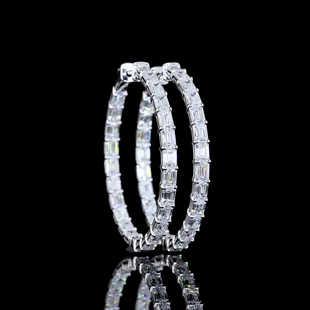 14K White Gold Large Hoop Earrings with East-West Prong Set Emerald Cut Lab Diamonds - 5.94 Carat Total Diamond Weight - Covaloro Fine Jewelry