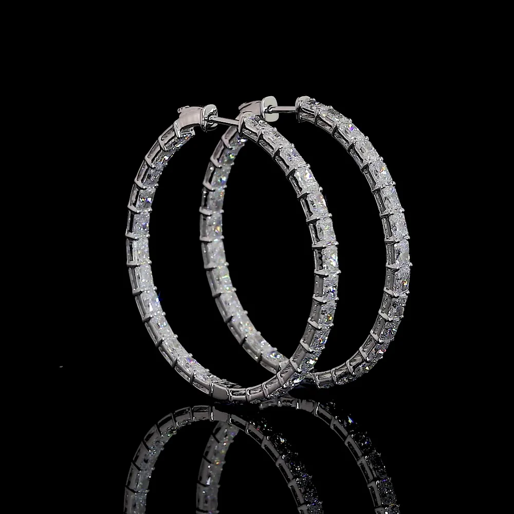 14K White Gold Large Hoop Earrings with East-West Set Radiant Cut Lab Diamonds - 6.40 Carat Total Diamond Weight - Covaloro Fine Jewelry