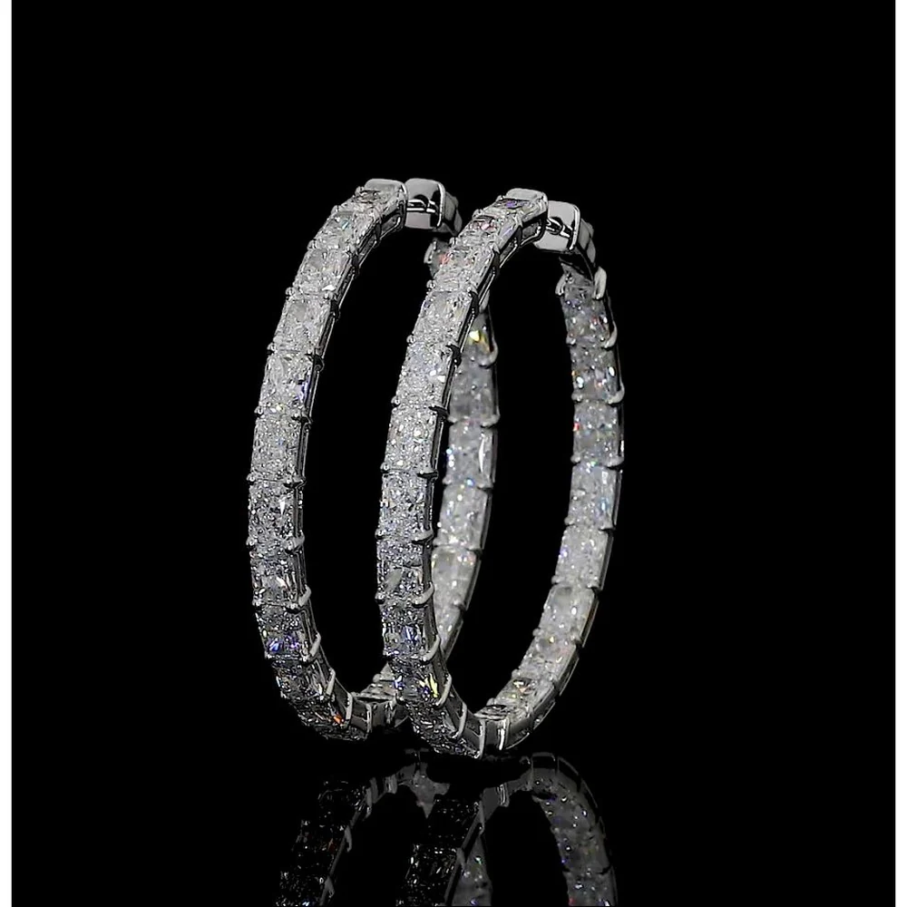 14K White Gold Large Hoop Earrings with East-West Set Radiant Cut Lab Diamonds - 8.88 Carat Total Diamond Weight - Covaloro Fine Jewelry
