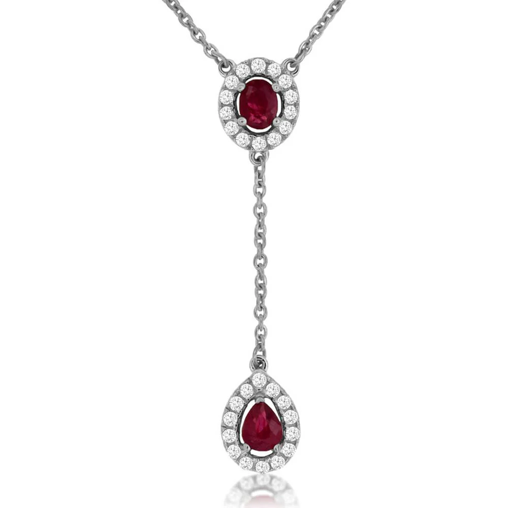 14K White Gold Lariat Drop Necklace with Oval and Pear-Shaped Rubies and Diamond Halos - 0.35 Carat Total Ruby Weight and 0.18 Carat Total Diamond Weight - Royal Jewelry