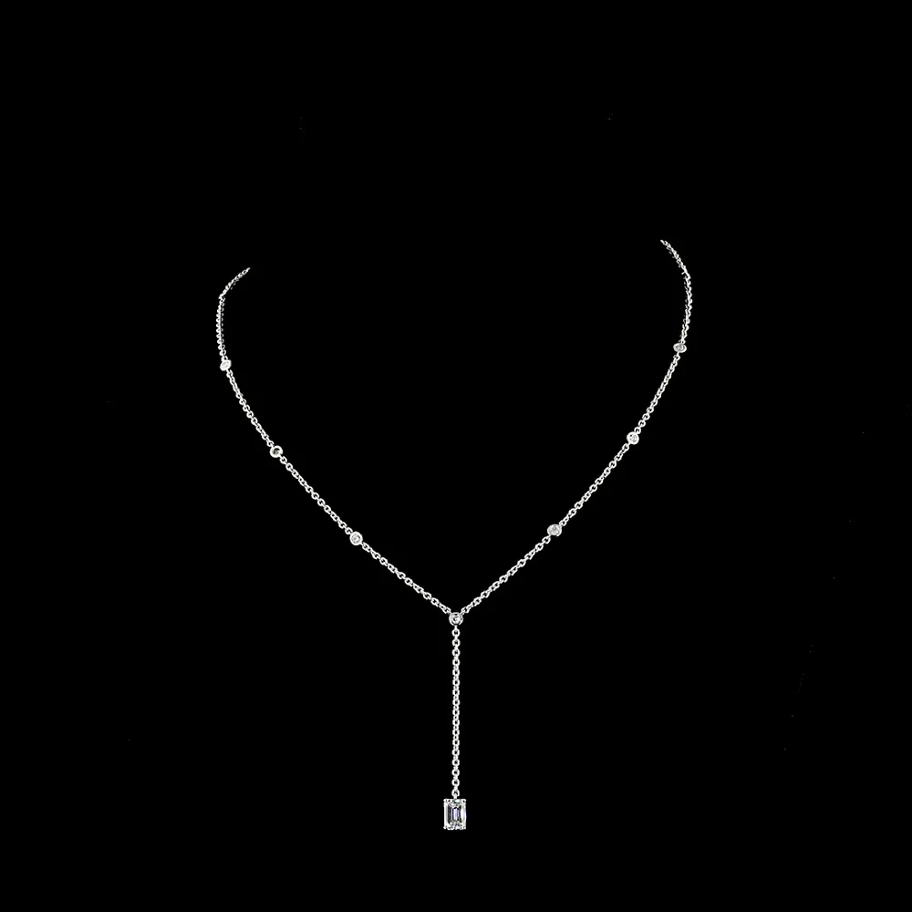 14K White Gold Lariat Necklace with 1.02 Carat Emerald Cut Lab Diamond and 0.41 Carat Brilliant Cut Lab Diamonds - 1.43 Carat Total Weight - Covaloro Fine Jewelry