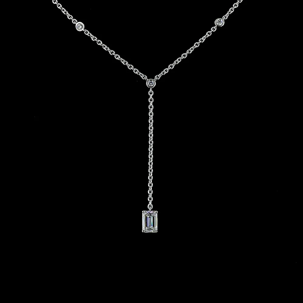 14K White Gold Lariat Necklace with 1.02 Carat Emerald Cut Lab Diamond and 0.41 Carat Brilliant Cut Lab Diamonds - 1.43 Carat Total Weight - Covaloro Fine Jewelry - Image 2