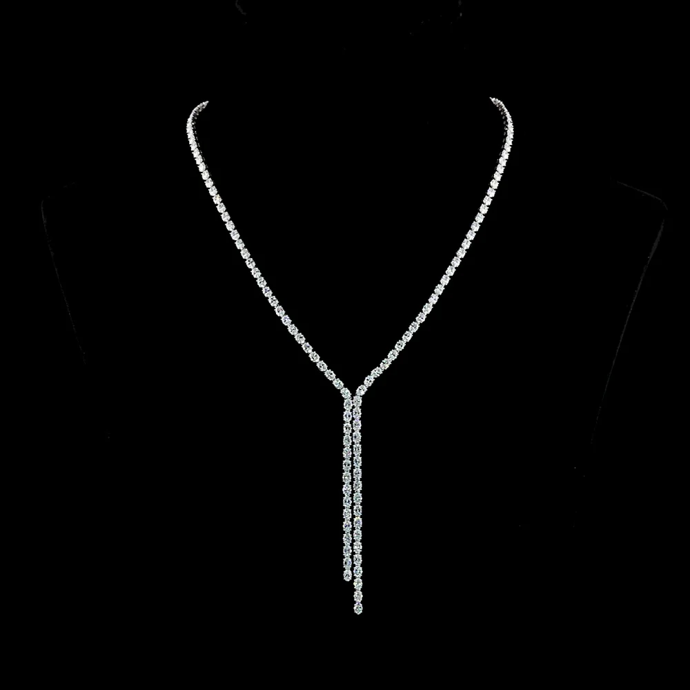 14K White Gold Lariat Necklace with 136 Oval Cut Lab Diamonds in Prong Settings - 13.89 Carat Total Diamond Weight - Covaloro Fine Jewelry