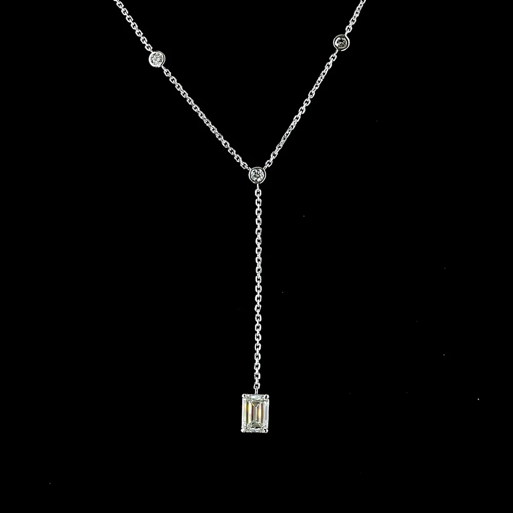 14K White Gold Lariat Necklace with 9 Bezel-Set Round Lab Diamonds and 1.04 Carat Prong-Set Emerald Cut Lab Diamond Center - 1.46 Carat Total Diamond Weight - Covaloro Fine Jewelry - Image 2