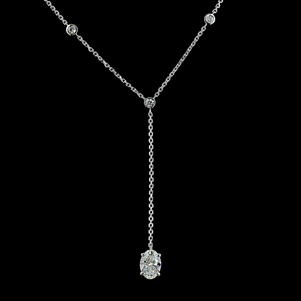 14K White Gold Lariat Necklace with Bezel Set Oval Cut Lab Diamond and Brilliant Accent Diamonds - 1.51 Carat Total Diamond Weight - Covaloro Fine Jewelry - Image 2
