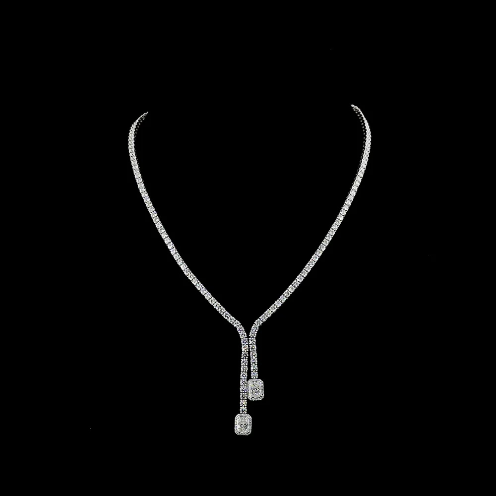 14K White Gold Lariat Necklace with North-South Radiant Cut Lab Diamonds and Brilliant Round Diamond Chain - 14.70 Carats Total Diamond Weight - Covaloro Fine Jewelry