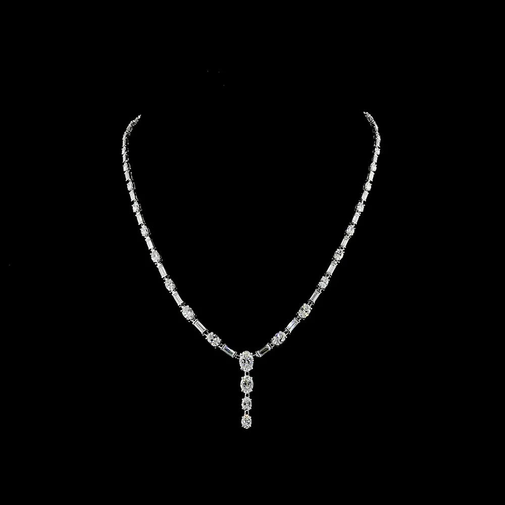 14K White Gold Lariat Necklace with Oval and Baguette Lab Diamonds in Prong Setting - 11.61 Carats Total Diamond Weight - Covaloro Fine Jewelry