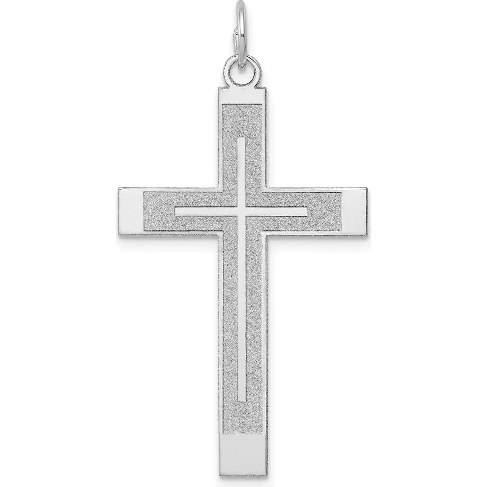 14K White Gold Laser Designed Cross Pendant with Rhodium Plating - 40mm Length by Oro Pregiato