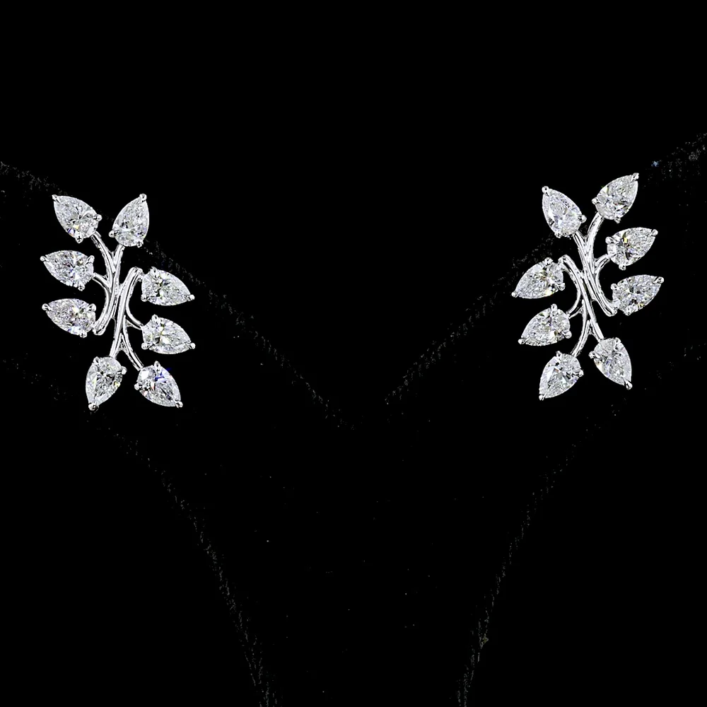14K White Gold Leaf Cluster Earrings with Pear Shape Lab Diamonds - 2.63 Carat Total Diamond Weight - Covaloro Fine Jewelry