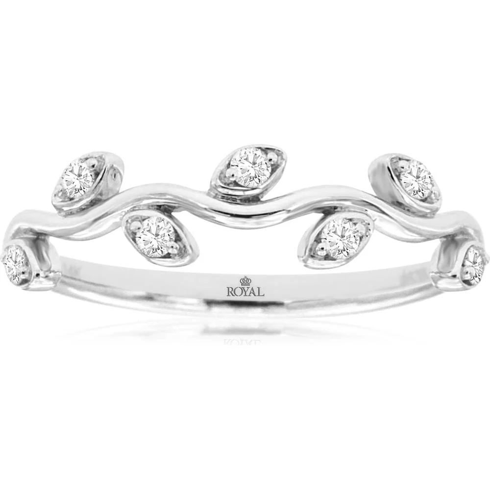 14K White Gold Leaf Vine Diamond Wedding Band with Round Brilliant Cut Stones - 0.13 Carat Total Diamond Weight - Royal Jewelry