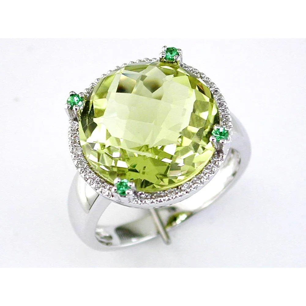 14K White Gold Lemon Quartz Ring with Round Diamonds - 10.92 Carats Total Gemstone Weight - Royal Jewelry