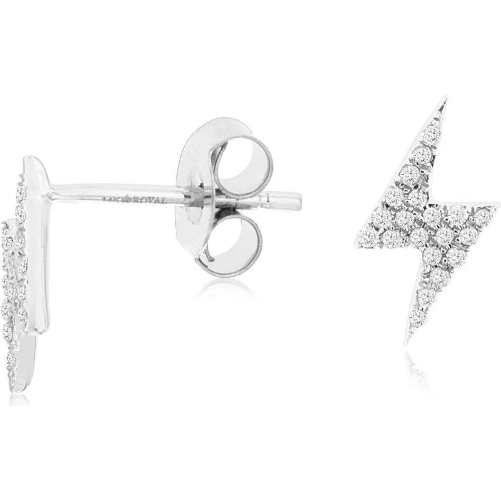 14K White Gold Lightning Bolt Diamond Stud Earrings - 0.11 Carats Total Diamond Weight - Royal Jewelry