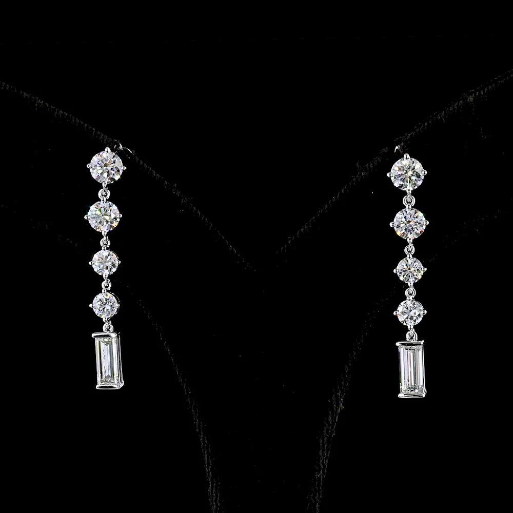 14K White Gold Linear Drop Earrings with Round and Baguette Lab Diamonds - 3.26 Carat Total Weight - Covaloro Fine Jewelry