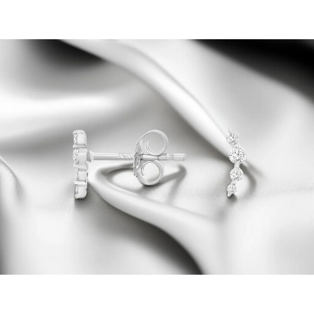 14K White Gold Linear Four-Stone Diamond Earrings with Shared Prong Setting - 0.10 Carat Total Diamond Weight - Royal Jewelry - Image 2